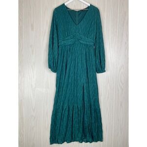 BOSTON PROPER Teal Ruched V-Neck Long Sleeve Maxi Dress Size 12 Party Evening